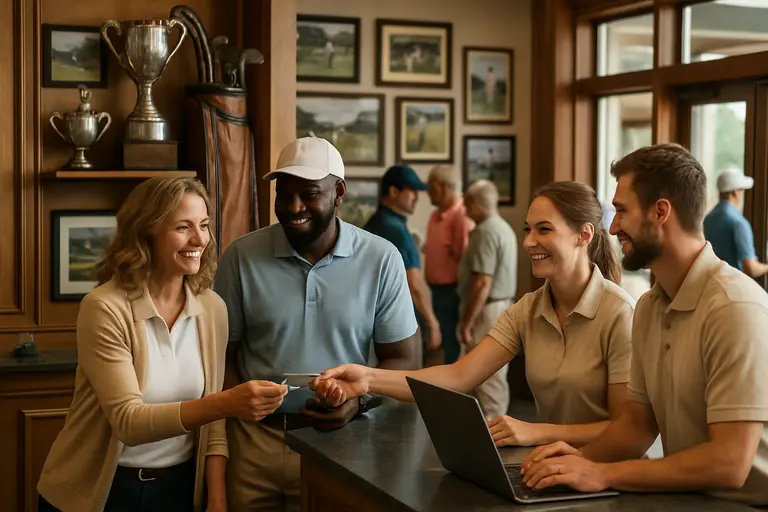 Golfers walking from a clubhouse patio area toward the first tee