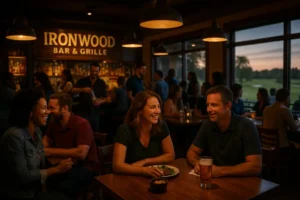 Ironwood Bar and Grille clubhouse patio beside a Boulder golf course