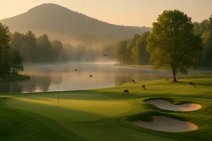 Mountain Lake restoration view with bunkers, rolling fairway, and restored green contours