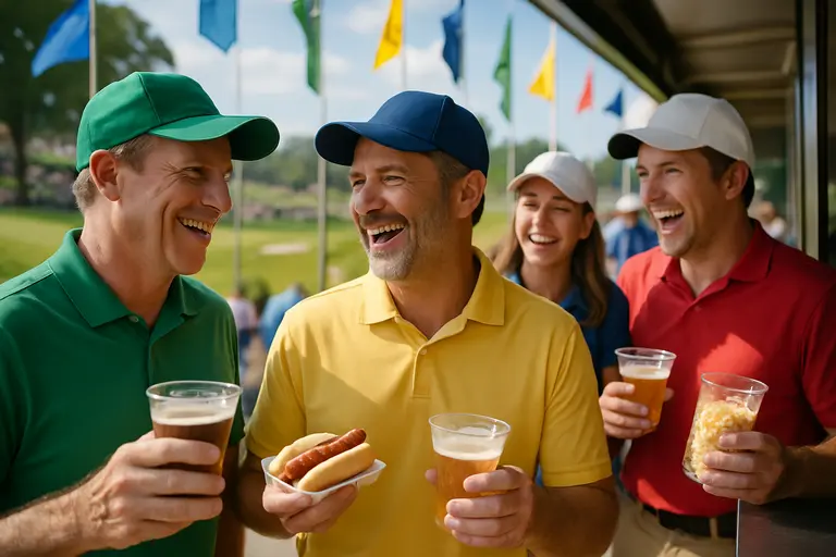 Spectators following play near an early green and tee complex at a golf tournament