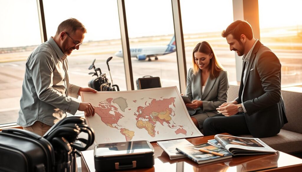 A captivating scene depicting a diverse group of travelers planning an international golf trip at a stylish airport lounge. In the foreground, a middle-aged man in smart casual clothing examines a world map spread across a table, while a woman, dressed in business attire, is selecting a destination on a laptop. The middle ground features luggage with golf clubs, travel brochures, and a coffee table adorned with magazines about golf courses. The background shows large windows with an airplane taxiing on the runway, bathed in warm sunlight. The atmosphere is lively yet relaxed, evoking a sense of excitement and wanderlust, with soft natural lighting enhancing the scene. A shallow depth of field draws focus on the travelers while subtly blurring the background.