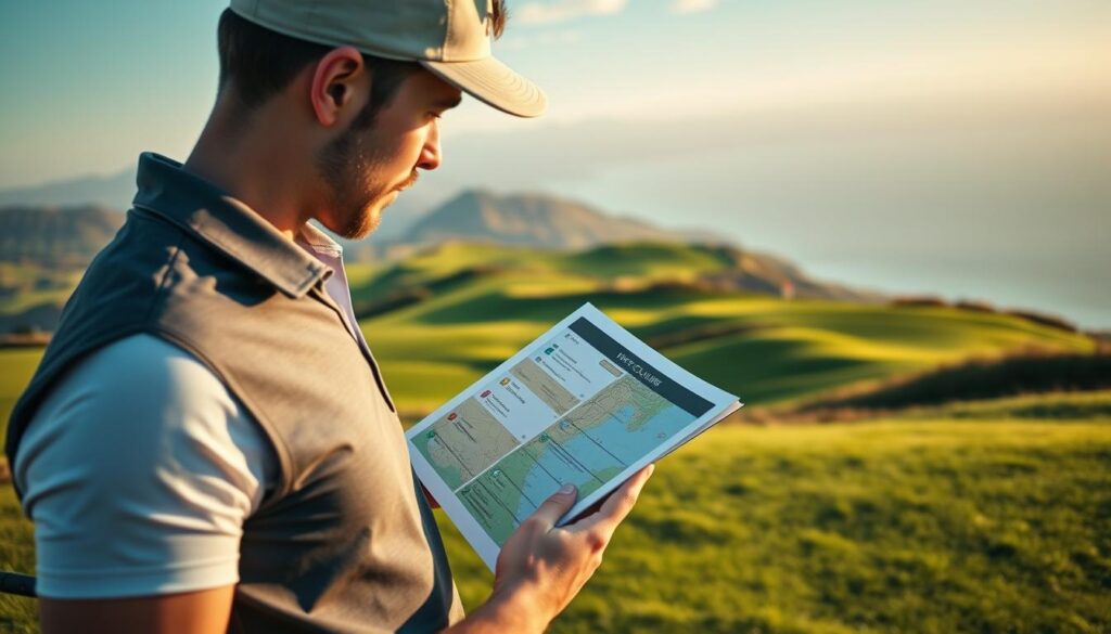 A professional golfer standing on a lush green golf course, reviewing a picturesque international destination. In the foreground, the golfer, dressed in smart golf attire, is examining a golf course guide with a thoughtful expression. The middle layer features rolling hills and manicured fairways, dotted with colorful flags marking different holes. In the background, a stunning landscape of mountains or an ocean view, basking in golden hour light, creating a warm and inviting atmosphere. The scene is captured with a slightly low angle to emphasize the golfer and the expansive course, evoking a mood of adventure and exploration. Soft sunlight casts gentle shadows, enhancing the rich textures of the grass and the vibrant colors of the scenery.