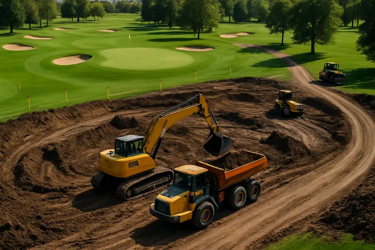 Bunker edge guarding a fairway landing area on a tree-lined hole