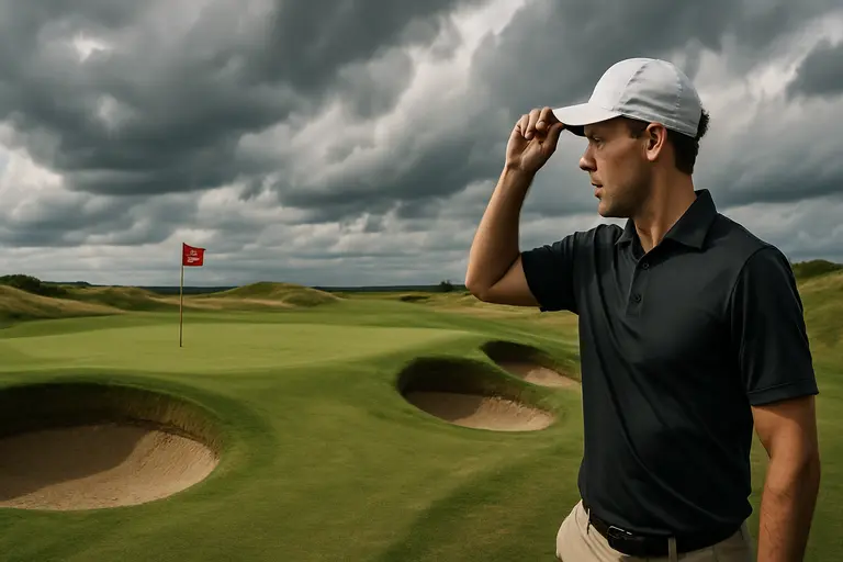Long fairway running through bunkers toward an elevated green in coastal wind