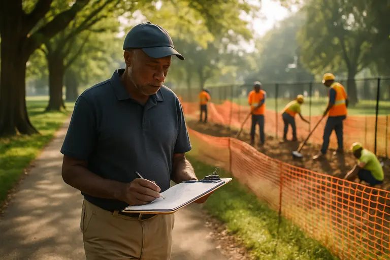 Golfers walking near a public course practice area with city trees nearby