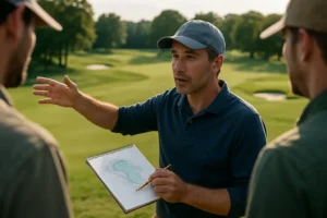 Fry/Straka Designs course with broad fairway, bunkers, and wind-shaped green setting