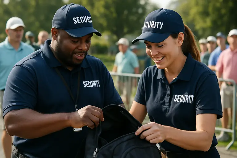 Golf spectators using phones quietly beside a roped fairway