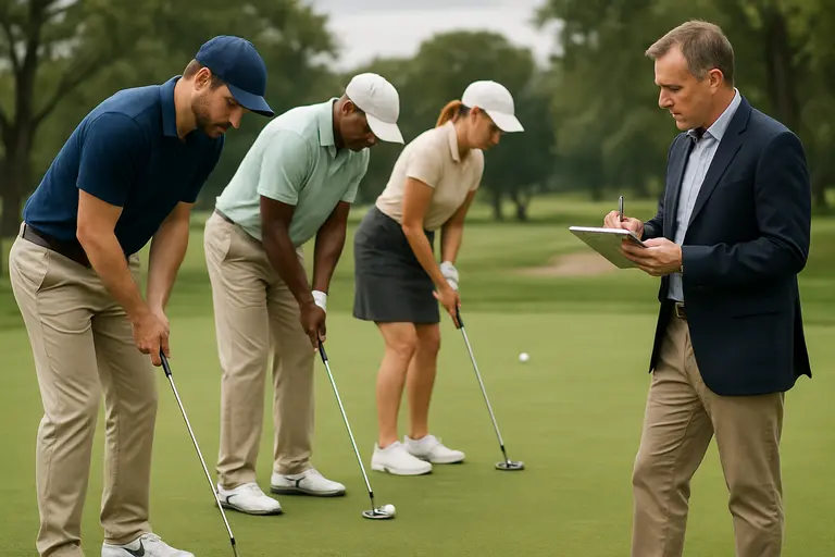 Golfer studying a yardage book beside a practice range and open fairway