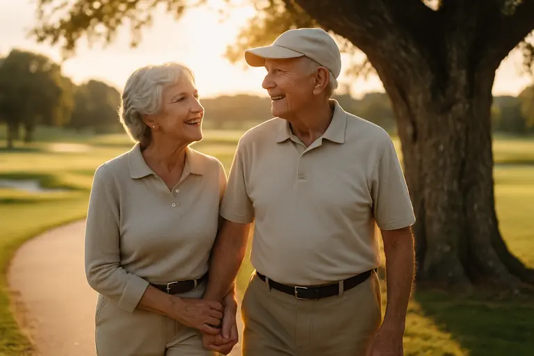 Golfers and park users sharing paths near a tree-lined course