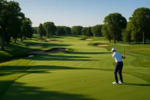 Interlachen Hole Review view of a restored fairway with bunkers and raised green