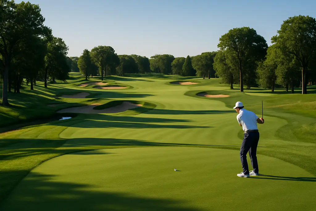 Interlachen Hole Review view of a restored fairway with bunkers and raised green