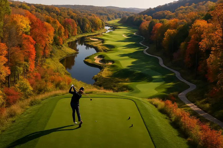 Long par-4 fairway with bunkers staggered along both sides near the landing area