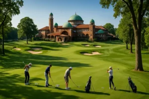 Medinah Design Heritage shown through broad fairways, bunkers, and a clubhouse beyond trees