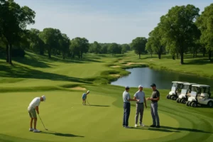 Medinah No. 3 fairway beside Lake Kadijah with bunkers and open sightlines