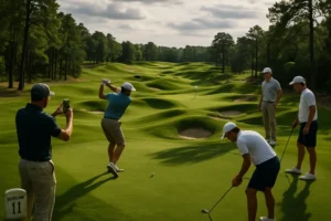 Pinehurst No. 11 routing scene with sandy ridges, trees, and rugged fairway shapes