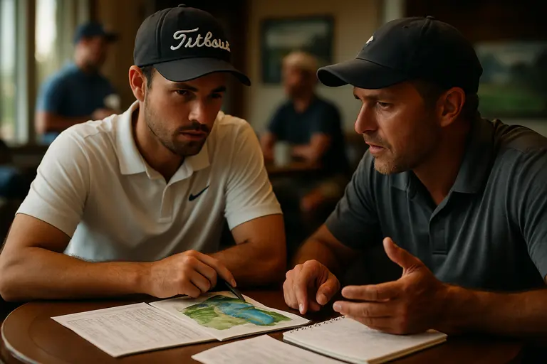 Two golfers discussing club choice near a tee box with water in the distance