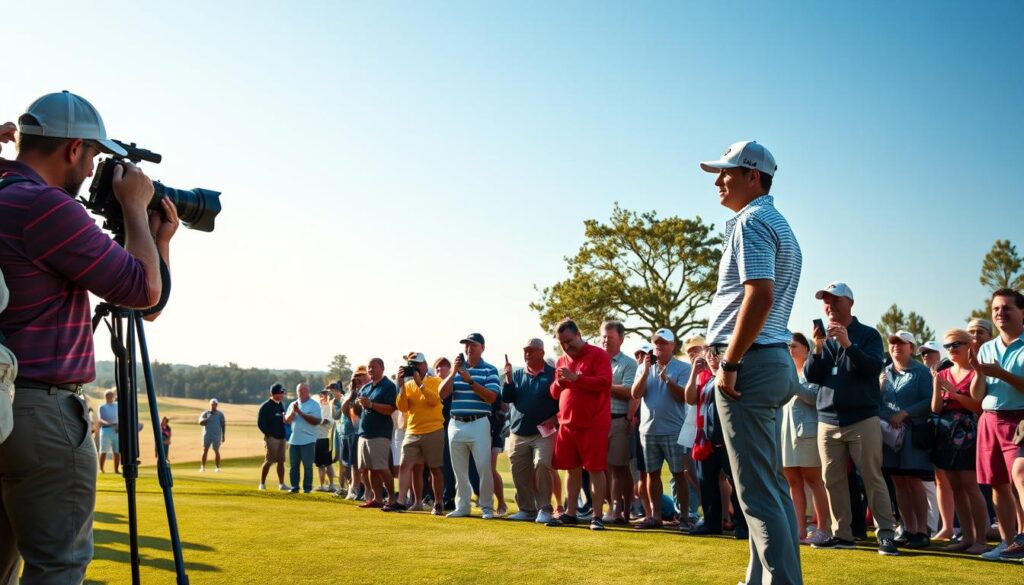 A dynamic golf scene capturing an iconic moment during a major tournament, showcasing a diverse group of excited fans gathered around the green. In the foreground, a camera crew with professional equipment is focused on a golfer in a classic polo and slacks, exhibiting concentration and determination as he prepares for a crucial shot. Mid-ground features spectators, some holding smartphones to capture the moment, while others are cheering enthusiastically. The background reveals a picturesque golf course under a clear blue sky, with vibrant green fairways and serene trees. Soft, natural lighting enhances the scene, creating a lively atmosphere filled with anticipation and excitement. The camera angle is slightly elevated, providing a wide view of the event while emphasizing the role of media in immortalizing these memorable moments.