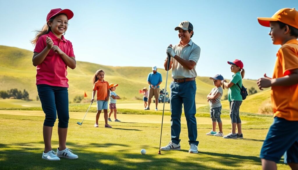 A junior golf course setting, featuring excited young golfers aged 8-14, dressed in vibrant polos and caps, practicing their swings. In the foreground, one young girl laughs as she tees off, while a boy jumps in excitement nearby, holding a golf club. In the middle ground, a well-maintained putting green is visible, with colorful flags and a small group of children taking lessons from a friendly, professional instructor, dressed in casual golf attire. The background showcases rolling green hills and clear blue skies, with soft sunlight illuminating the scene, creating a warm, cheerful atmosphere. The image should convey a sense of fun, community, and growth in junior golfing.