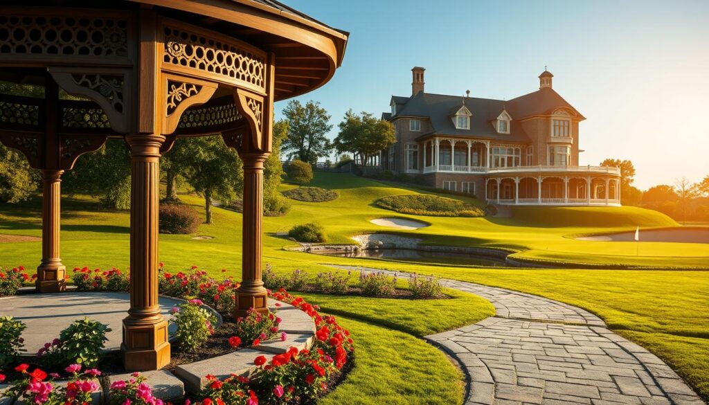 A scenic view of classic golf course architectural elements, featuring well-manicured greens, lush fairways, and traditional stone pathways. In the foreground, a beautifully designed wooden gazebo with intricate carvings, surrounded by blooming flower beds in vibrant colors. The middle ground showcases a series of rolling hills dotted with strategically placed sand traps and a classic water hazard reflecting the clear blue sky. In the background, iconic, historic clubhouse architecture with elegant gables and tall windows, under soft, warm golden lighting of a late afternoon sun. The atmosphere conveys a sense of tradition and nostalgia, inviting viewers to appreciate the timeless beauty of golf course design. Shot from a low angle to emphasize the grandeur of the scene, creating an immersive and serene ambiance. A scenic view of classic golf course architectural elements, featuring well-manicured greens, lush fairways, and traditional stone pathways. In the foreground, a beautifully designed wooden gazebo with intricate carvings, surrounded by blooming flower beds in vibrant colors. The middle ground showcases a series of rolling hills dotted with strategically placed sand traps and a classic water hazard reflecting the clear blue sky. In the background, iconic, historic clubhouse architecture with elegant gables and tall windows, under soft, warm golden lighting of a late afternoon sun. The atmosphere conveys a sense of tradition and nostalgia, inviting viewers to appreciate the timeless beauty of golf course design. Shot from a low angle to emphasize the grandeur of the scene, creating an immersive and serene ambiance.