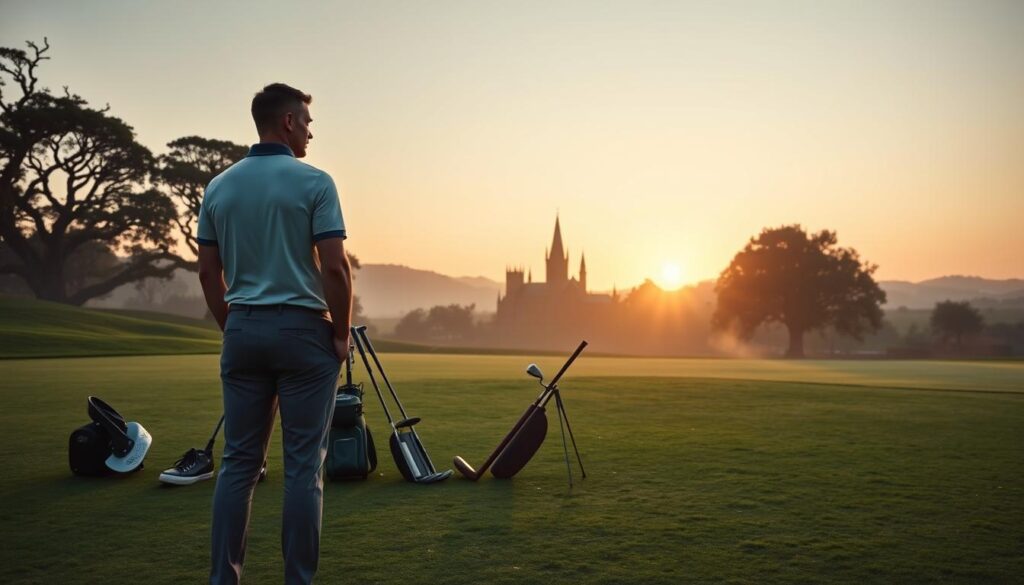 A serene golf course at dawn, showcasing a lush fairway with a rich history. In the foreground, a focused golfer in a smart polo shirt and tailored trousers stands ready to take a swing, reflecting concentration and respect for the tradition of the game. In the middle, vintage golf equipment is casually placed, hinting at historic moments that took place on these fairways. The background features iconic landmarks of the course, framed by ancient trees and rolling hills under a soft, golden sunrise. The atmosphere is tranquil yet filled with an air of reverence, as dew glistens on the grass, and mist hovers over the ground, inviting viewers to step into this legacy of memorable moments in golf. A serene golf course at dawn, showcasing a lush fairway with a rich history. In the foreground, a focused golfer in a smart polo shirt and tailored trousers stands ready to take a swing, reflecting concentration and respect for the tradition of the game. In the middle, vintage golf equipment is casually placed, hinting at historic moments that took place on these fairways. The background features iconic landmarks of the course, framed by ancient trees and rolling hills under a soft, golden sunrise. The atmosphere is tranquil yet filled with an air of reverence, as dew glistens on the grass, and mist hovers over the ground, inviting viewers to step into this legacy of memorable moments in golf.