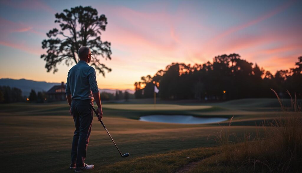 A serene golf course at twilight, with a golfer in professional attire reflecting on a memorable shot. In the foreground, the golfer stands poised with a club in hand, gazing toward the flag, capturing a look of determination and nostalgia. The middle layer features well-manicured fairways and sand traps, slightly highlighted by the soft glow of a setting sun casting long shadows. In the background, majestic trees frame the course, while the sky transitions from a deep blue to soft pink hues, enhancing the peaceful atmosphere. The scene is illuminated with warm, golden lights, creating a contemplative mood. A slight breeze rustles the nearby grass, suggesting an air of tranquility and reflection on iconic moments in golf history.