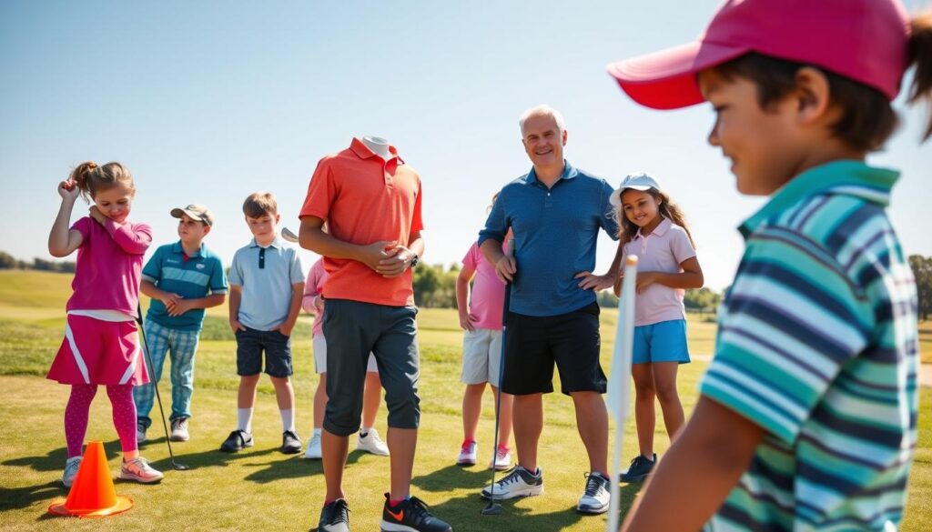A vibrant scene of a junior golf program in action, showcasing diverse young golfers aged 8 to 14, dressed in colorful, casual athletic clothing, enthusiastically practicing on a well-maintained golf course under bright, clear blue skies. In the foreground, a young girl concentrates on her swing, a club poised above her shoulder, while a boy nearby focuses on putting, surrounded by playful practice aids like cones and flags. In the middle ground, a friendly coach provides guidance, gesturing with a smile, creating an inviting atmosphere. The background features lush green fairways and a hint of distant trees, with the sun casting a warm, golden light over the scene, evoking a sense of camaraderie and excitement in youth golf participation.
