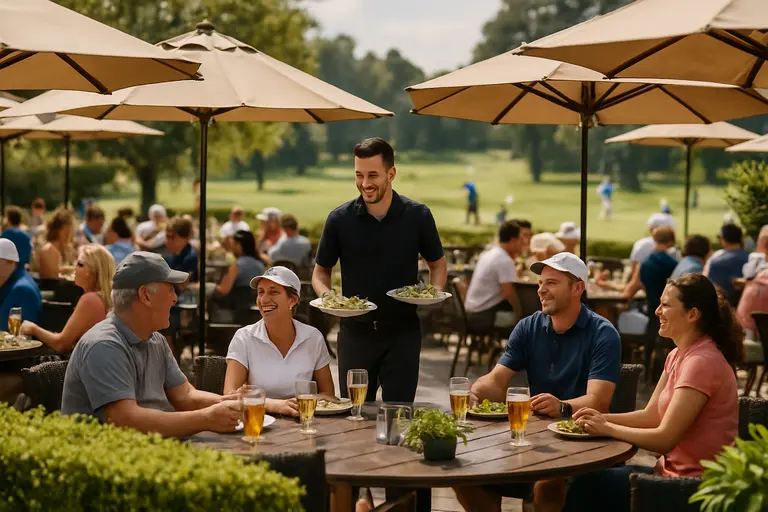 Golf shop and clubhouse area beside paths and open turf