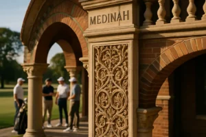 Medinah Design Heritage view of fairways near a domed clubhouse at a private golf club