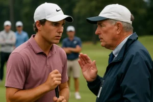 Mid-Amateur Controversy scene with match-play golfers on a Wisconsin fairway